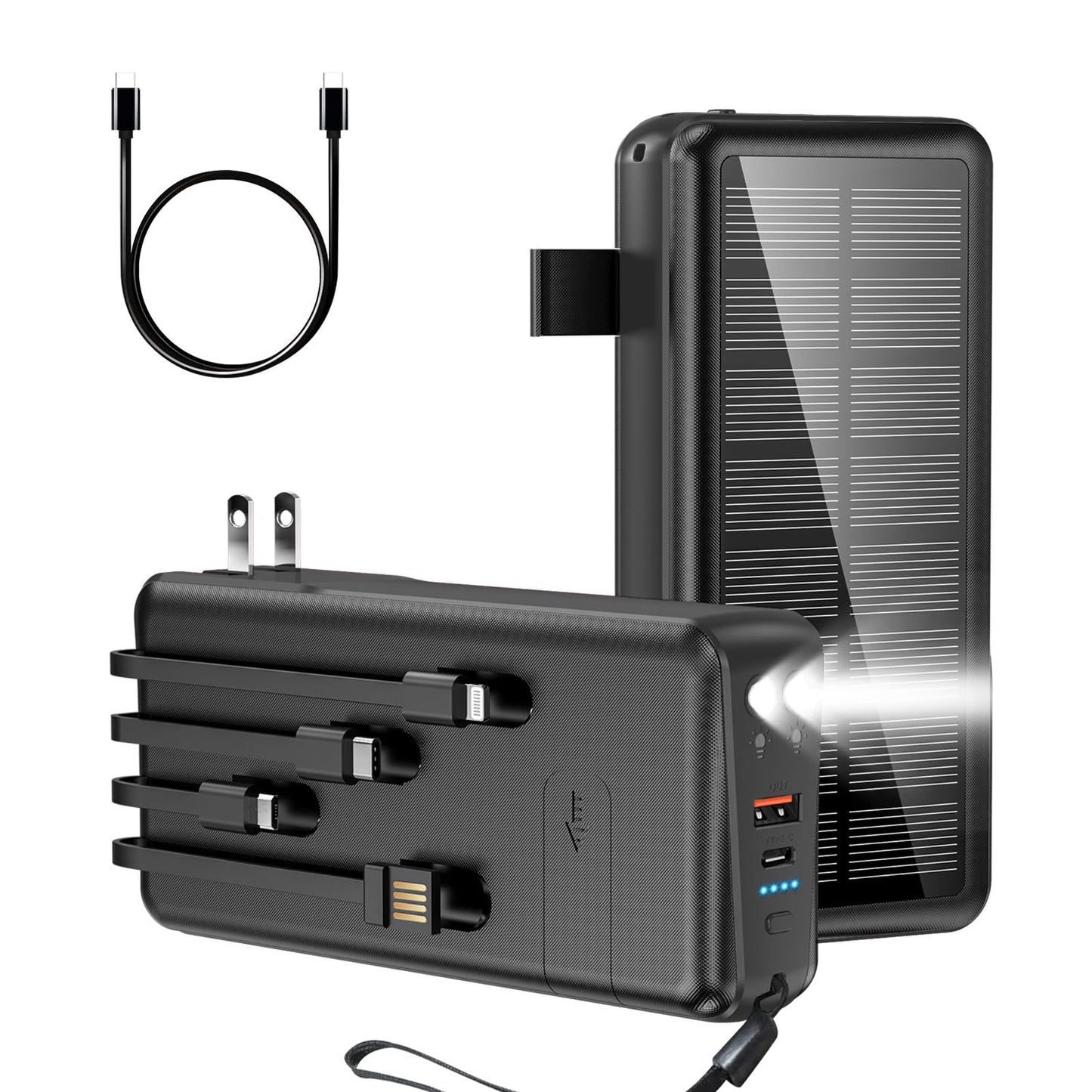 boogostore Portable Charger with Built in Cable and Wall Plug 50000mAh PD30W Fast Charging Solar Power Bank with 5 Output & 2 Input Dual LED Flashlights Phone Holder External Battery Pack (Black) - aydens bidness