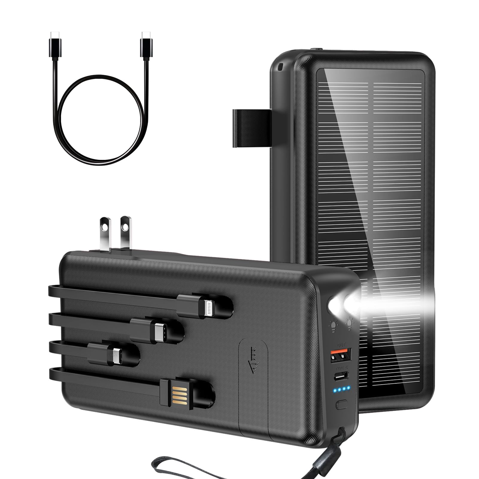 boogostore Portable Charger with Built in Cable and Wall Plug 50000mAh PD30W Fast Charging Solar Power Bank with 5 Output & 2 Input Dual LED Flashlights Phone Holder External Battery Pack (Black) - aydens bidness