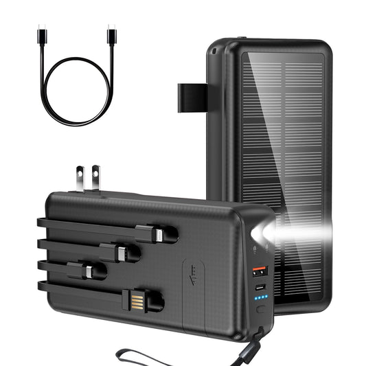 boogostore Portable Charger with Built in Cable and Wall Plug 50000mAh PD30W Fast Charging Solar Power Bank with 5 Output & 2 Input Dual LED Flashlights Phone Holder External Battery Pack (Black) - aydens bidness