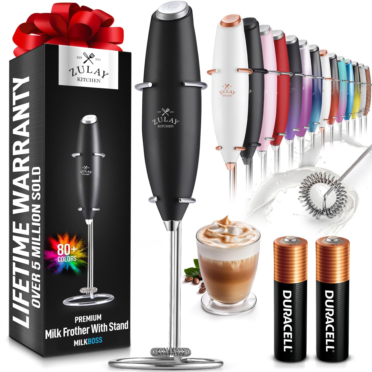 Zulay Kitchen Powerful Milk Frother Wand With 2 Duracell Batteries - Ultra Fast Handheld Drink Mixer - Electric Whisk Foam Maker for Coffee Lattes Cappuccino Matcha Hot Chocolate & Creamer - Black - aydens bidness