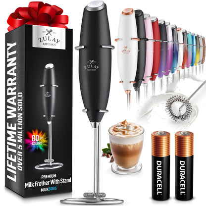 Zulay Kitchen Powerful Milk Frother Wand With 2 Duracell Batteries - Ultra Fast Handheld Drink Mixer - Electric Whisk Foam Maker for Coffee Lattes Cappuccino Matcha Hot Chocolate & Creamer - Black - aydens bidness