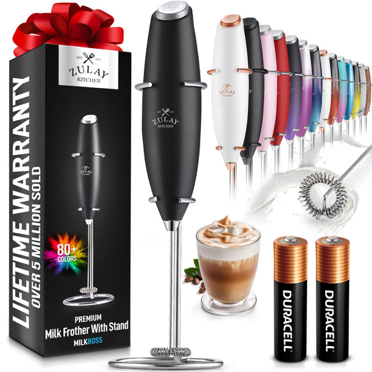 Zulay Kitchen Powerful Milk Frother Wand With 2 Duracell Batteries - Ultra Fast Handheld Drink Mixer - Electric Whisk Foam Maker for Coffee Lattes Cappuccino Matcha Hot Chocolate & Creamer - Black - aydens bidness